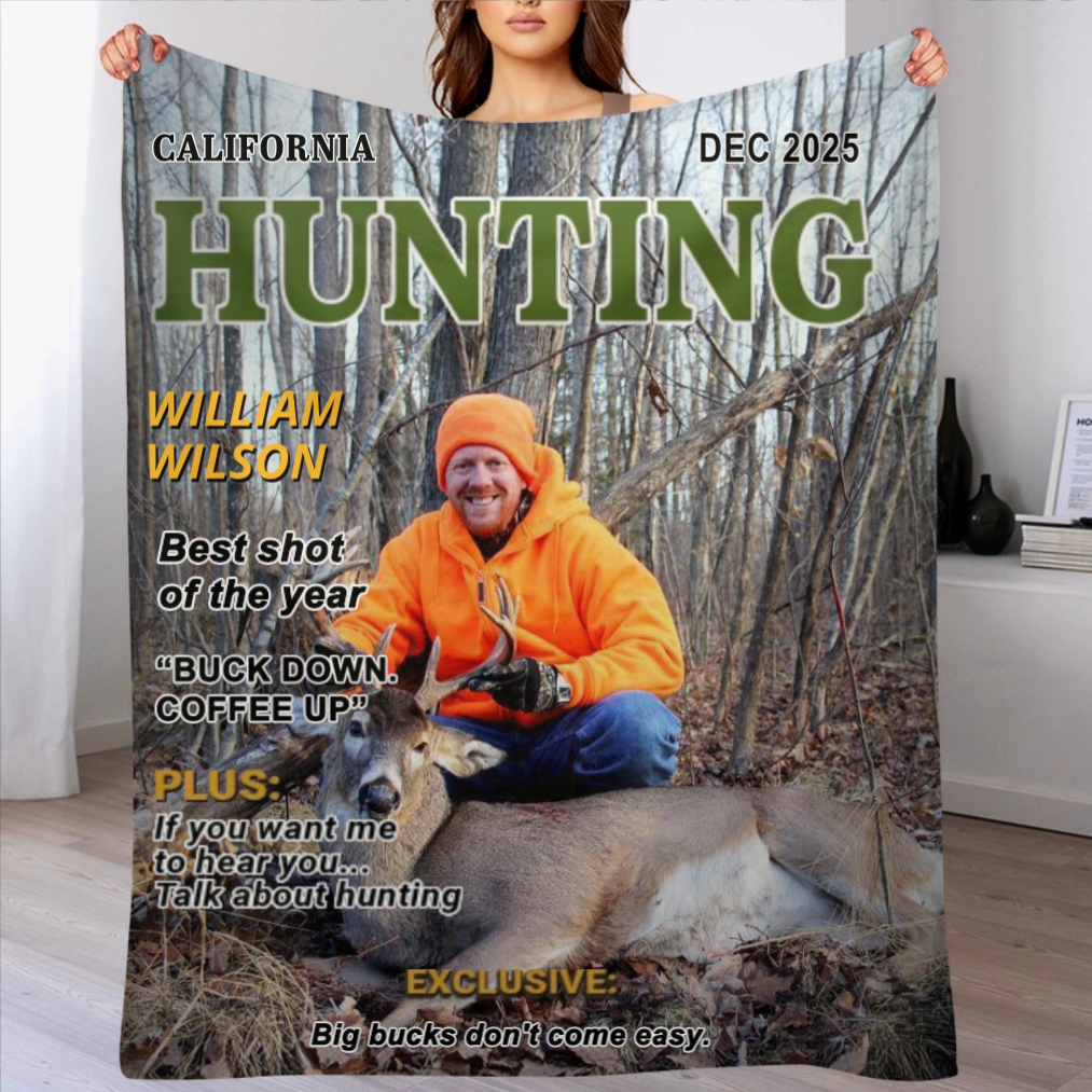 Wild At Heart Custom Photo Hunting Magazine Cover Blanket, Personalized Hunting Blanket Gifts for Men, Hunting Men Gift