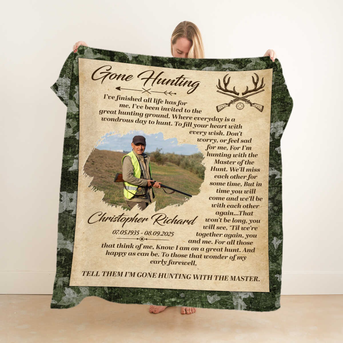 Personalized Gone Hunting Blanket,Custom Hunter Memorial, Sympathy Gift, Keepsake For Hunter