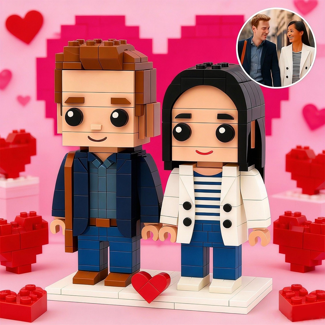 Custom Brick Mini figures for Couples, Fully Customizable Brick Me Figures, Denim Suit Personalized Gift, Unique Toy Set with Heart
