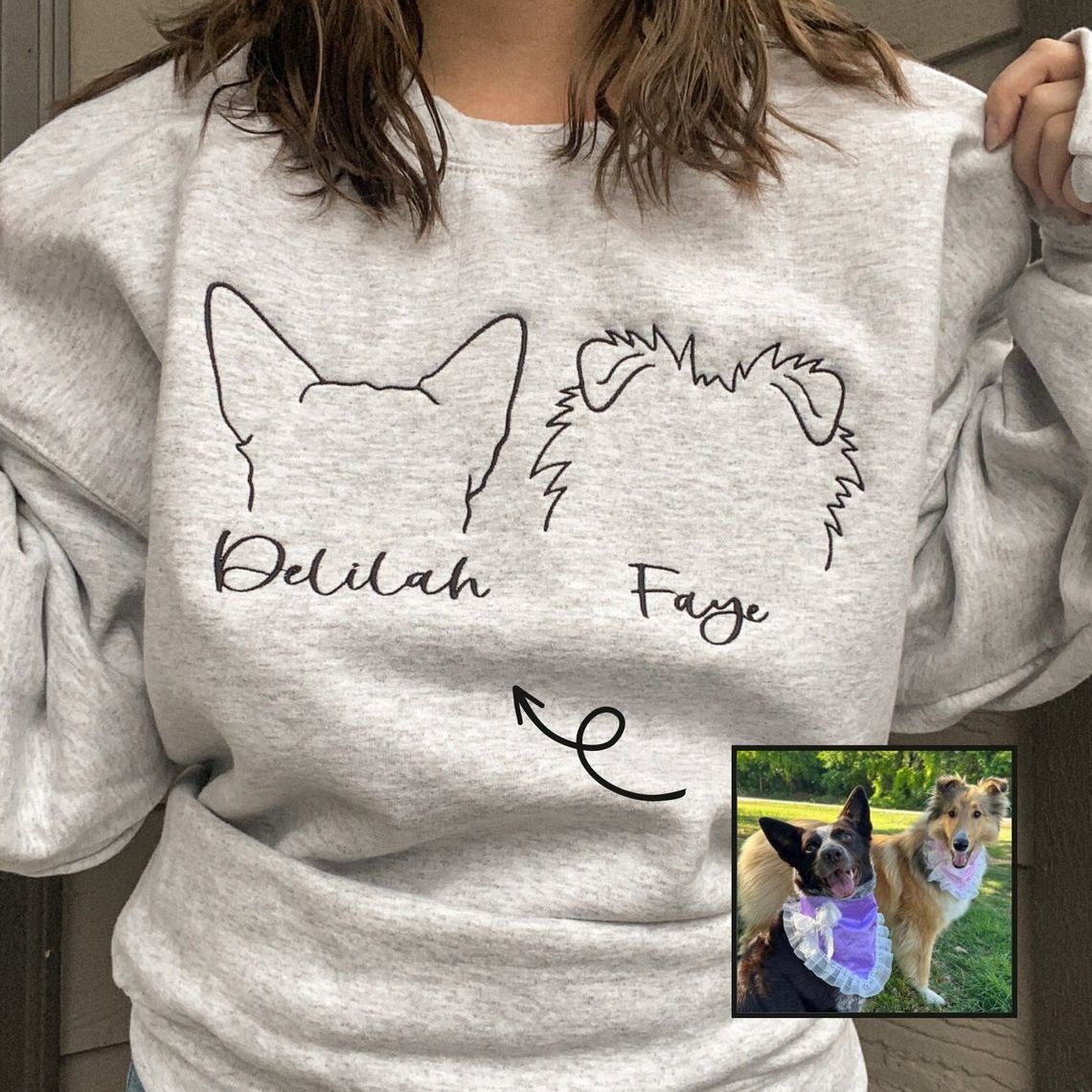 Custom Embroidered Pet Sweatshirt With Dog Ear Outline and Name For Pet Lover Gift