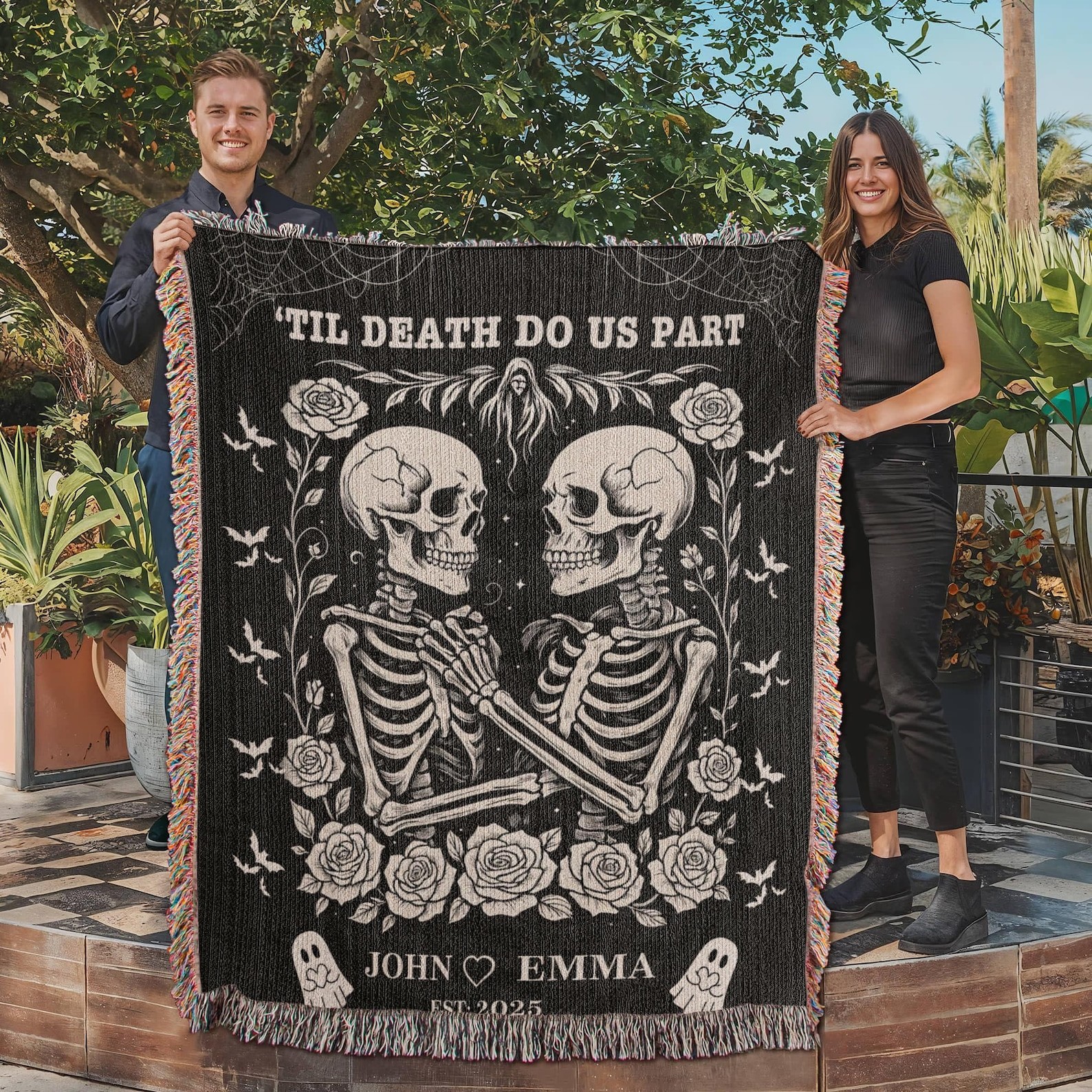 Skeleton Couple Till Death Blanket, Personalized Skeleton Lovers Wedding Blanket, Spooky Goth Couple Halloween Gift, Valentines, Anniversary