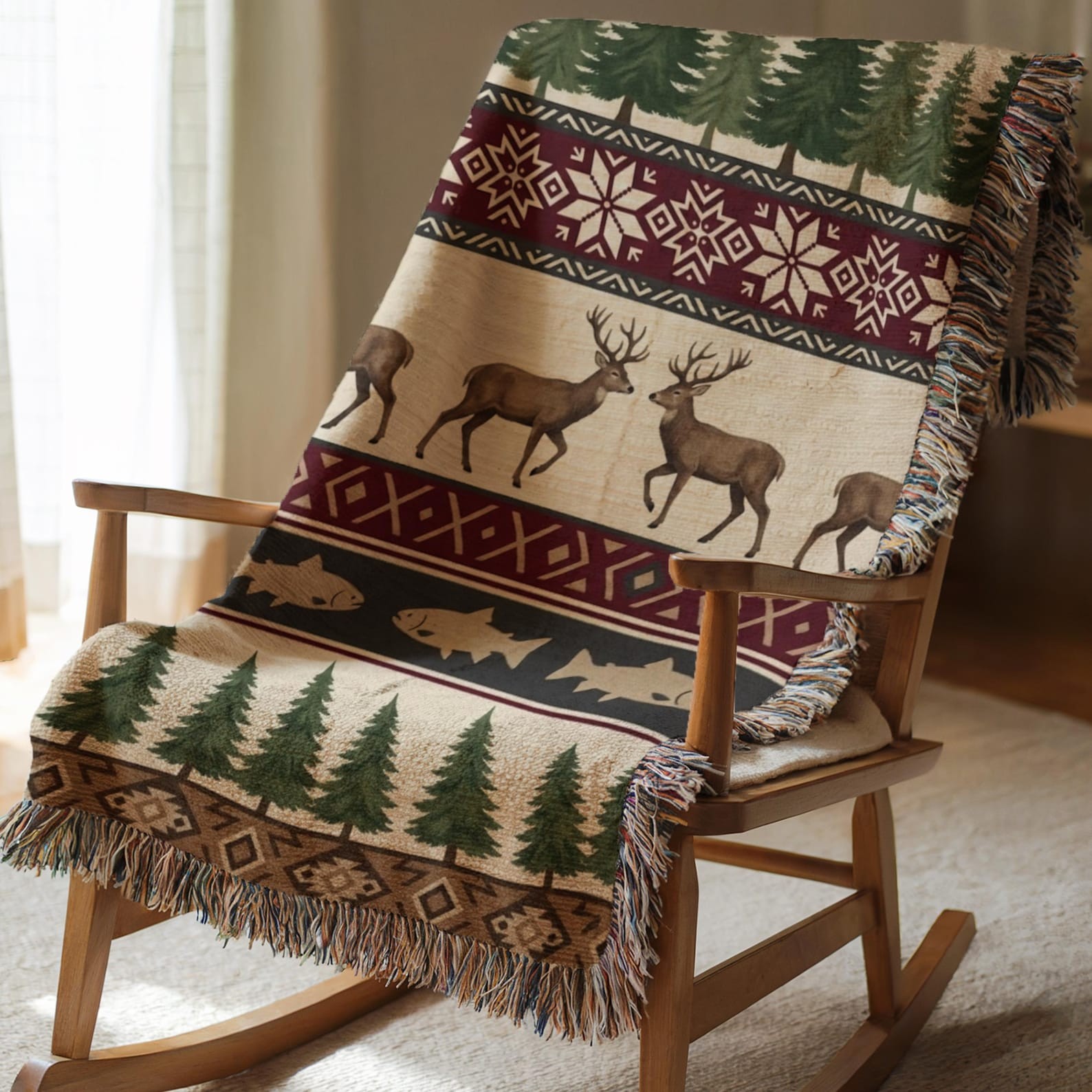 Rustic Cabin Woven Blanket – Deer, Fish & Pine Tree Lodge Throw