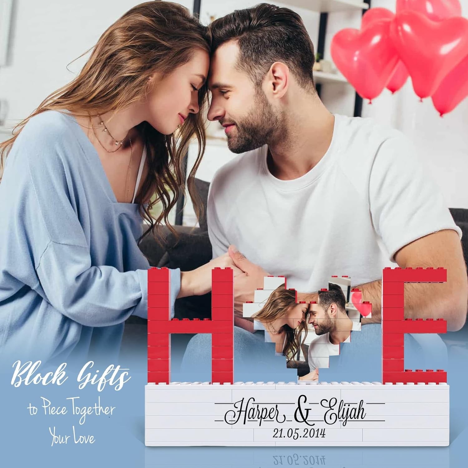 Personalized Photo Puzzle Initial Letters Bricks, Custom Heart Shape Picture Building Blocks Puzzles with Names, Romantic DIY Valentines Anniversary Birthday Gifts for Lovers, Couples Heart