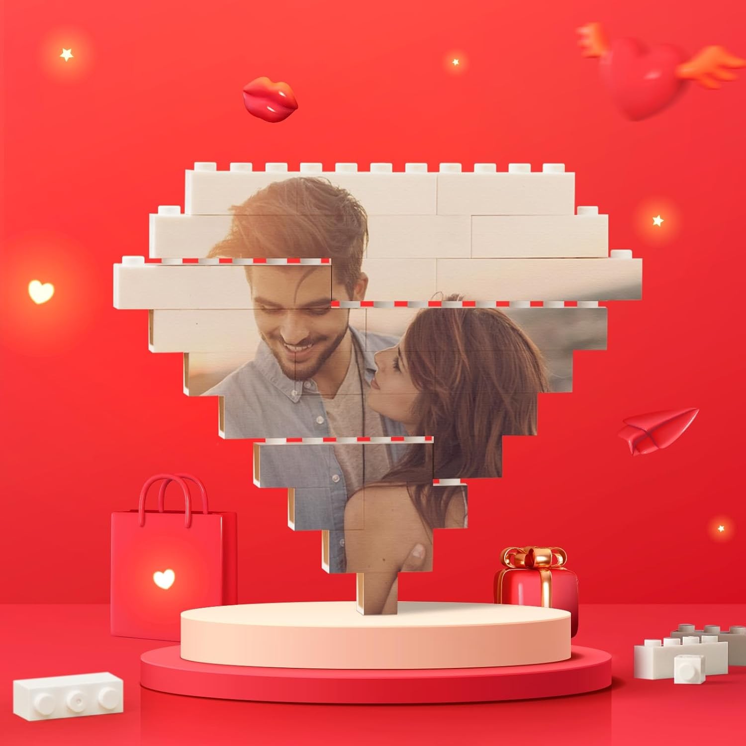 Custom Building Brick Personalized Photo Block Puzzle Diamond Shaped Picture Customized Valentines Day Gifts for Him, Her, Couples Diamond