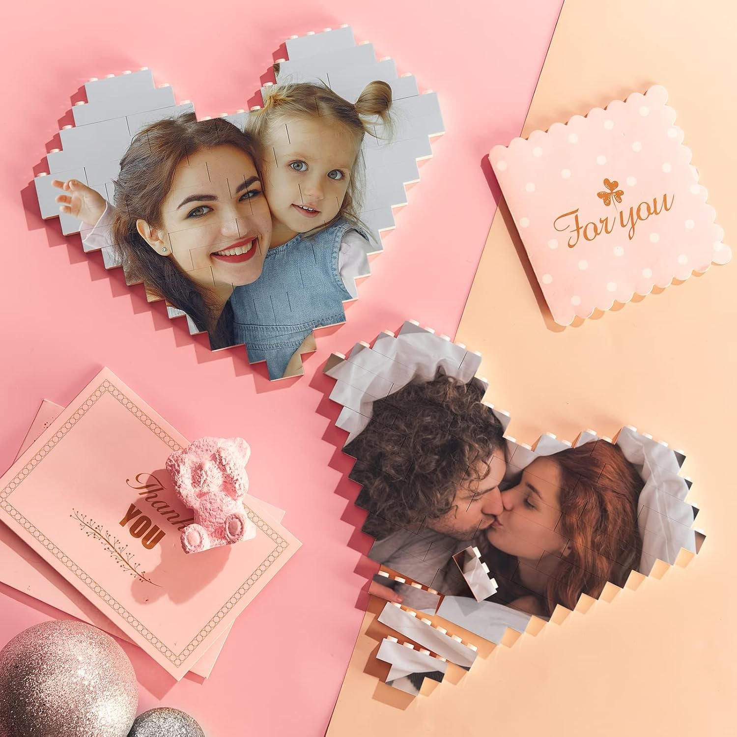 Custom Building Brick Personalized Photo Block Puzzle Diamond Shaped Picture Customized Valentines Day Gifts for Him, Her, Couples Heart Shaped