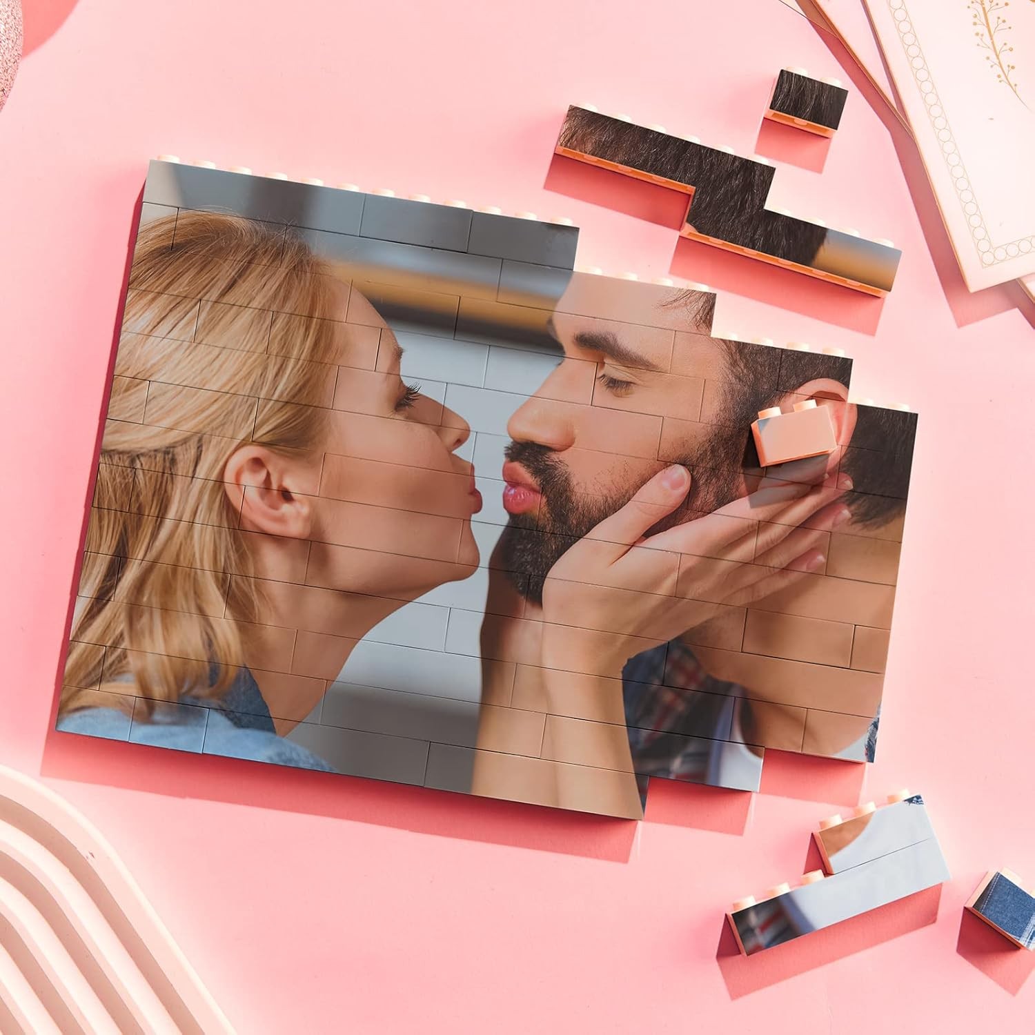 Custom Building Brick Personalized Photo Block Puzzle Diamond Shaped Picture Customized Valentines Day Gifts for Him, Her, Couples Horizontal Shaped