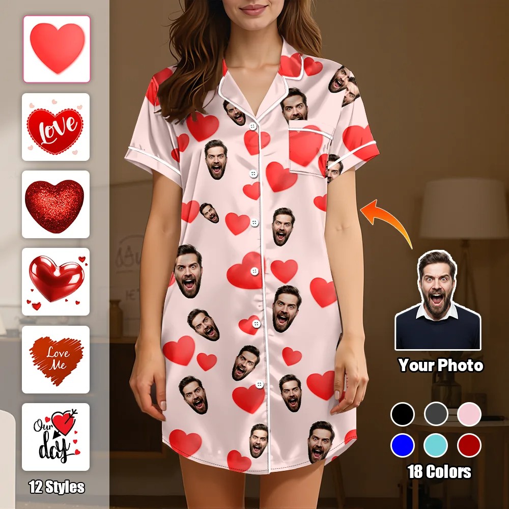 Custom Short Sleeve Satin Nightgown Red Glitter Heart Love Print Animated Face Pattern Button Front Sleepwear Gift For Her