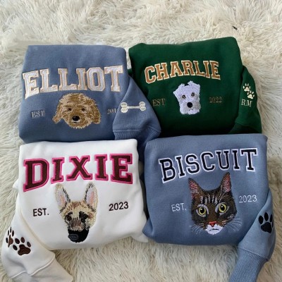 Custom Embroidered Pet Face Sweatshirt With Name For Pet Lover Gift