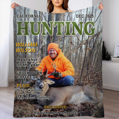 Wild At Heart Custom Photo Hunting Magazine Cover Blanket, Personalized Hunting Blanket Gifts for Men, Hunting Men Gift