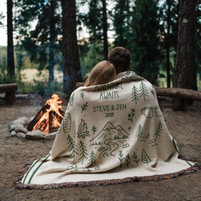 Personalized Couples Woven Throw Blanket | Adventure Awaits Moss Green Boho Stripe, Doodle Style Home Accent Wedding Engagement Anniversary