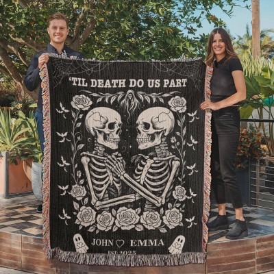 Skeleton Couple Till Death Blanket, Personalized Skeleton Lovers Wedding Blanket, Spooky Goth Couple Halloween Gift, Valentines, Anniversary