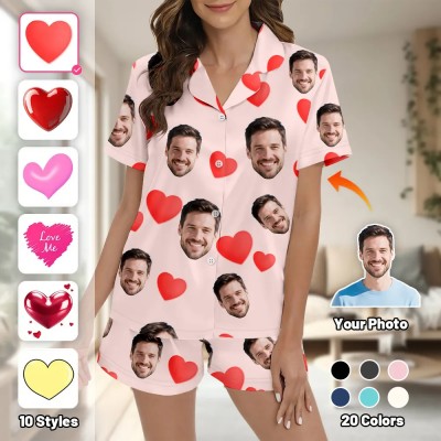 Custom Short Sleeve Pajamas Heart Print Cotton Set Face Printed Creative Couple Memory Valentine's Gift Idea