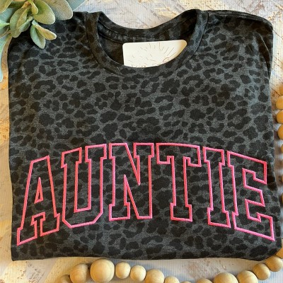 Custom Embroidered Auntie Leopard T-shirt With Kids Name For Mother's Day Gift Ideas