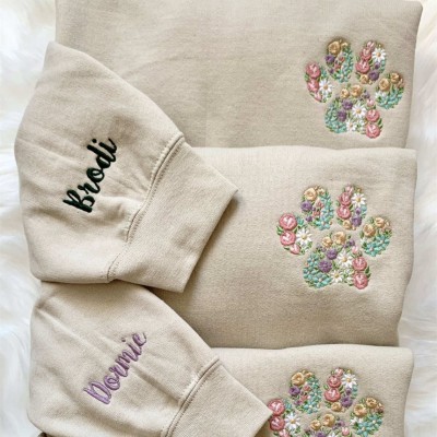 Custom Floral Embroidered Paw Print Hoodie Sweatshirt With Name For Mother's Day Pet Lover Gift