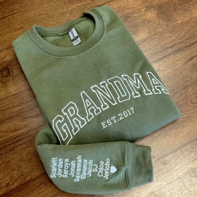Custom Embroidered Grandma Sweatshirt with Date and Grandchildren Names on Sleeve For Mother's Day Gift
