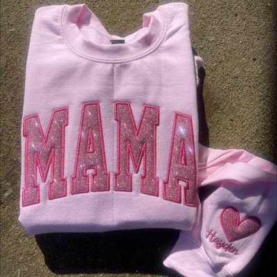 Custom Applique Glitter Mama Sweatshirt With Kids Name on Sleeve For Mother's Day Gift