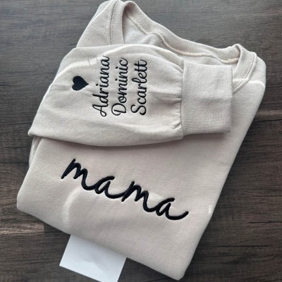 Custom Embroidered Mama Sweatshirt with Date and Kids Names on Sleeve For Mother's Day Gift