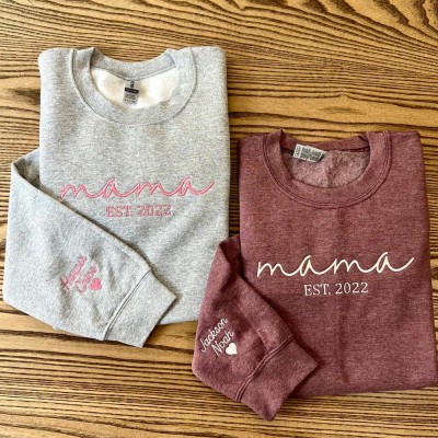 Custom Embroidered Mama Sweatshirt with Date and Kids Names on Sleeve For Mother's Day Gift