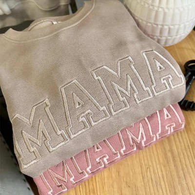 Custom Embroidered Mama Sweatshirt with Date and Kids Names on Sleeve For Mother's Day Gift