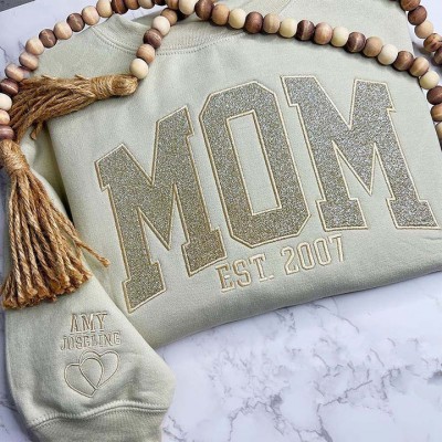 Custom Applique Glitter Mama Sweatshirt With Kids Name on Sleeve For Mother's Day Gift