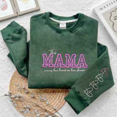 Custom Embroidered Mama Sweatshirt Wears Her Heart on Her Sleeve For Mother's Day Gift